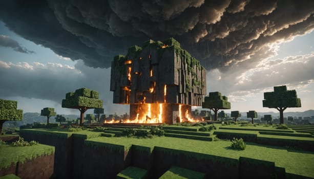 A large, cubical structure made of stone is on fire in a Minecraft world. The structure is overgrown with vegetation, and the sky is dark and stormy. The structure is surrounded by grass and trees.