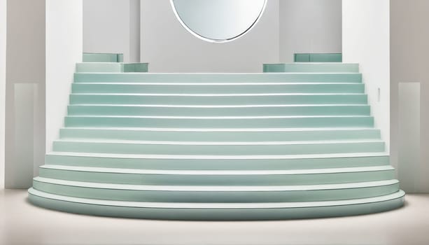 A curved staircase made of frosted glass in a minimalist room. The steps are white and the walls and ceiling are white as well. There is a circular window at the top of the staircase.