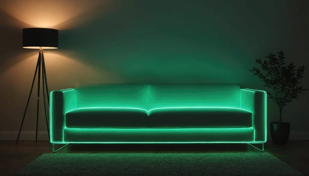 A modern couch with a green neon light lining the edges of the frame. The couch is in a living room with a floor lamp casting a warm light.