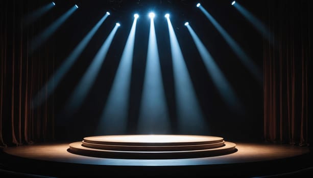 A stage is lit with spotlights, creating beams of light that illuminate the circular platform in the center. The stage is surrounded by dark brown curtains.