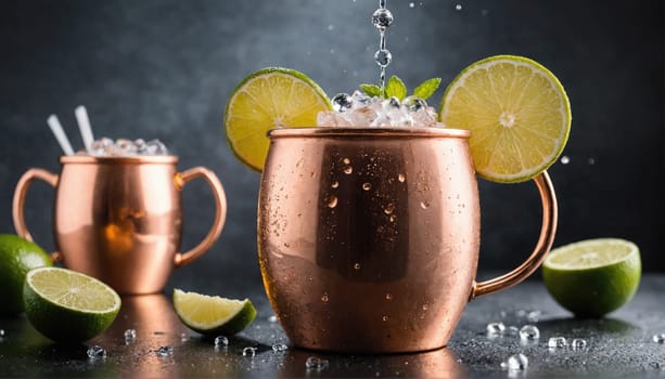 Two copper mugs, one filled with ice and lime wedges, are on a black surface. Water droplets are scattered around the mugs, and a lime wedge is floating in the mug on the right.