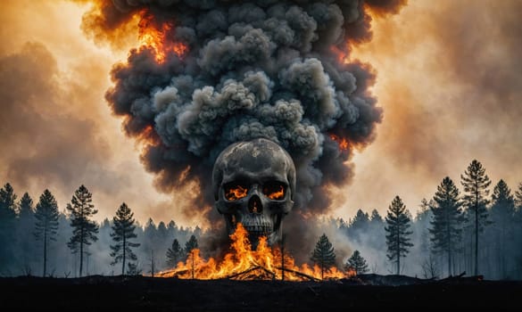 A large, dark skull sits atop a fiery blaze in a forest. Thick plumes of black smoke rise above the skull, and flames are visible in the background.