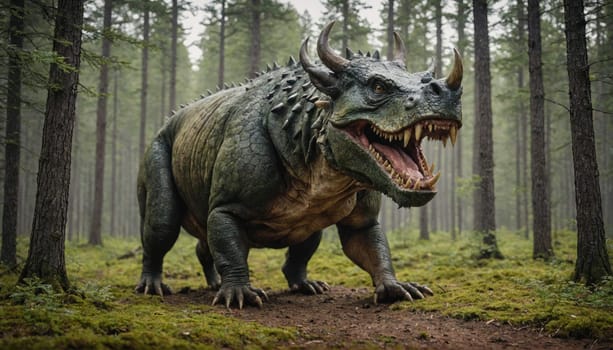 A large, scaly, reptilian creature with sharp teeth and horns stands in a forest, its mouth agape in a menacing growl. It has four legs, a long tail, and a powerful physique.