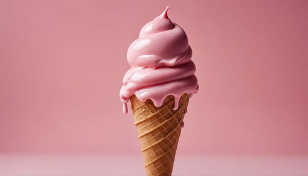 A pink ice cream cone is melting on a pink surface. The ice cream is dripping down the sides of the cone.