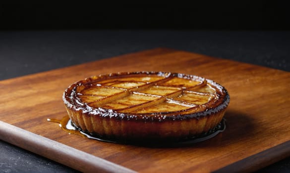 A freshly baked apple pie with a lattice crust is sitting on a wooden cutting board. The pie is golden brown and has a glossy glaze.