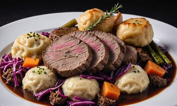 A white plate filled with a delicious meal featuring roast beef, sliced and arranged on a bed of red cabbage.