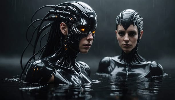 Two cyborgs, both with black metallic skin and complex wiring systems, stand in a body of water. The water is dark and appears to be raining lightly.