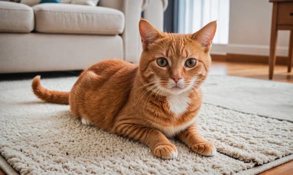 A ginger cat with white markings is sitting on a fluffy white carpet in a home. The cat is looking directly at the camera with a curious expression.