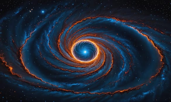 A swirling galaxy in space with a fiery, glowing center.