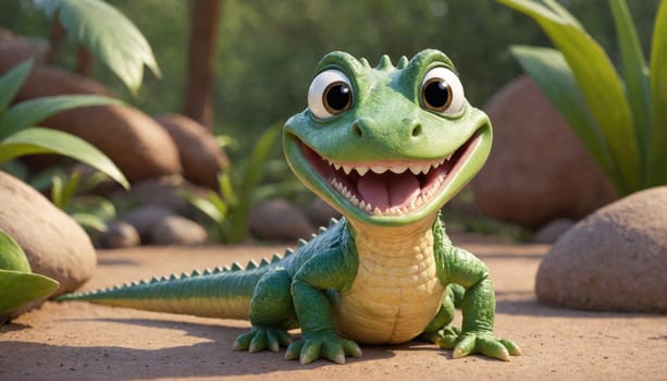 An animated alligator with a big grin sits on a dirt path surrounded by rocks and green vegetation. The alligator has large, dark eyes and a bright smile.