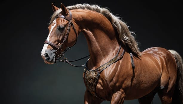 A chestnut horse with a white star on its forehead stands with its head held high and its mane flowing. The horse is wearing a brown leather bridle and a black leather halter.