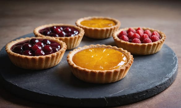 Four small tarts with different fruit fillings are displayed on a round, dark slate platter.