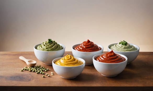 Four bowls filled with various dips are displayed on a wooden surface. The dips are green, yellow, red, and white, and there are green peas scattered on the table in the foreground.