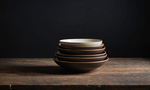 A stack of six bowls sits on a rustic wooden table. The bowls are various shades of brown, with the top bowl being a lighter cream color. The background is a dark, solid color.