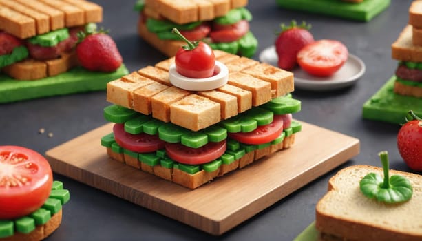 A detailed image of a creative sandwich featuring multiple stacked pieces of bread, tomato slices, and lettuce leaves.