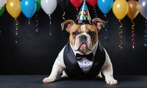 A bulldog wearing a black tuxedo and a birthday hat sits in front of a dark background. There are balloons and streamers hanging above the dog.