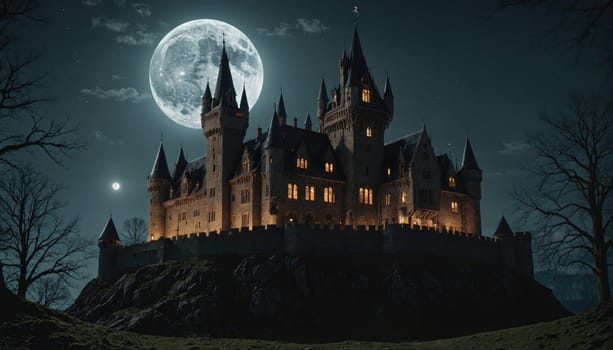 A stone castle with tall towers and a large, central building stands on a hill, bathed in the pale light of a full moon. The sky is dark and star-filled, and a few bare trees stand in the foreground.