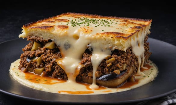 A close-up shot of a slice of moussaka, a Greek dish consisting of layers of eggplant, ground meat, and a creamy b?chamel sauce, topped with melted cheese.