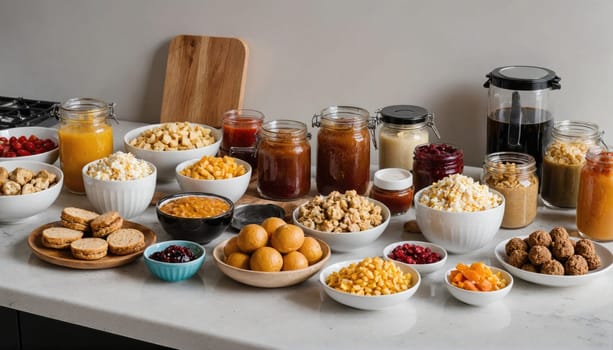 A countertop is full of different food items, including popcorn, crackers, nuts, fruit, and various sauces. The items are arranged in small bowls and jars.