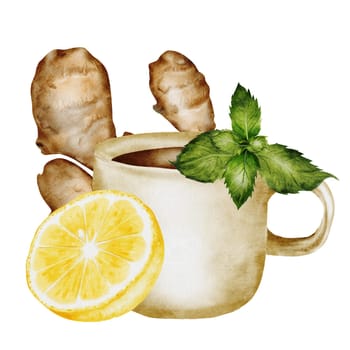 Watercolor herbal tea with lemon slices and mint leaves. Hand drawn beige mug with hot citrus drink on isolated white background. Ideal for logo and packaging of medicinal tea. Homeopathic composition. High quality illustration