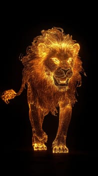 Majestic lion surrounded by fiery, golden flames, creating a powerful, mystical atmosphere. isolated dark background..