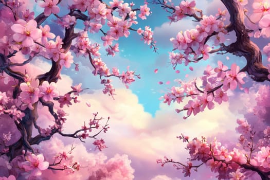 spring border or background art with pink blossom beautiful nature scene with blooming tree and sun flare.