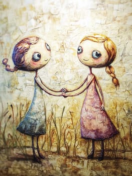 Painting depicting two young girls holding hands in a field, showing the concept of friendship, childhood, and innocence