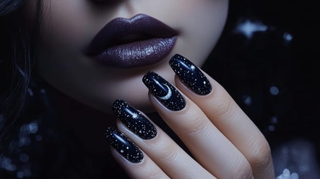 Elegant black nail art with a celestial theme, featuring moon and star designs. the woman's hand complements the dark, glossy finish, adding a touch of sophistication. perfect for fashion and beauty inspirations.