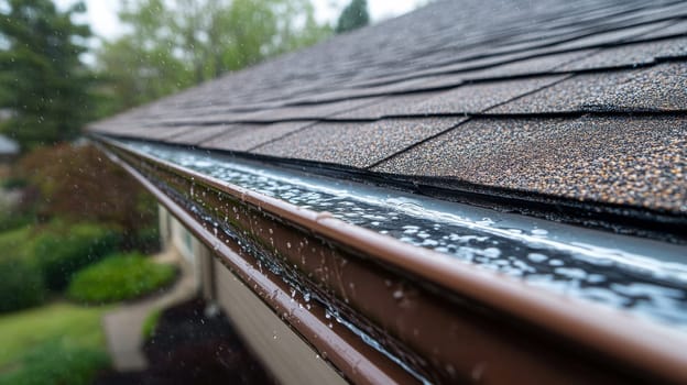 Roof gutter detail during a rainfall, efficient water drainage. suitable for themes on weatherproofing, home maintenance, and architectural design with focus on functionality.