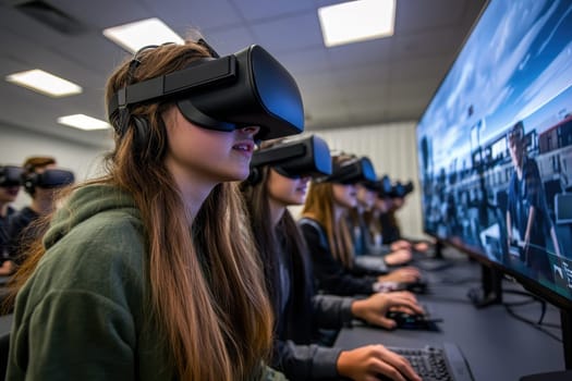 A group of students wearing VR headsets, participating in an interactive virtual classroom environment for remote learning. High quality illustration