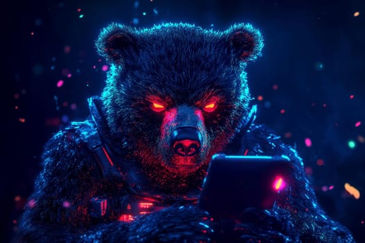 a futuristic cyberpunk style ,bear has glowing red eyes, focused on a smartphone. data virus security concept. High quality illustration