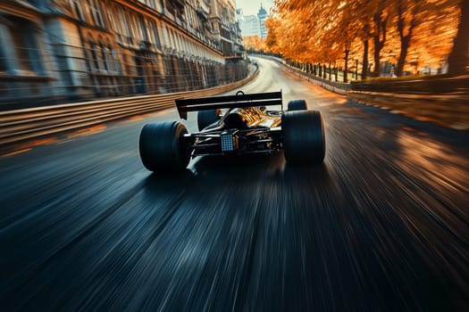 Ground level shot of a red Formula 1 racing car with copy space..