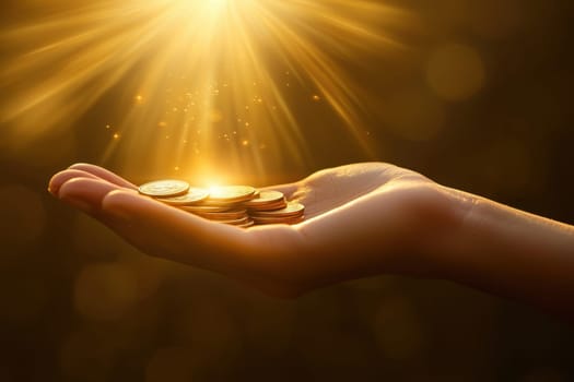 A captivating image of shimmering coins resting in an open hand, illuminated by radiant light rays, evoking feelings of wealth and prosperity in a dreamy setting.