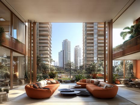 Spacious, high-end living room featuring floor-to-ceiling windows that offer a panoramic view of a lush urban landscape with towering skyscrapers.