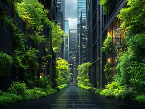 A serene, futuristic urban alleyway lined with tall skyscrapers covered in lush green plants. This vibrant scene showcases a blend of modern architecture and nature, symbolizing eco-friendly design