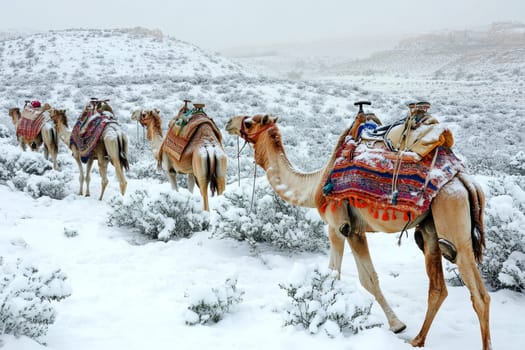 Snowy Sahara desert with camels, climate change weather on earth. Natural disaster due to cold weather in the south. High quality illustration
