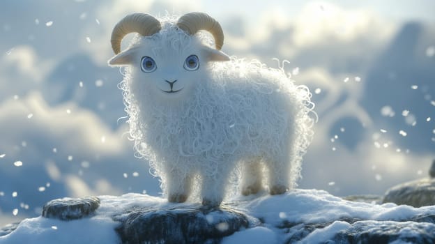 A charming 3d-rendered mountain goat with curly, snow-white fur and expressive eyes stands on a rocky, snow-covered landscape amidst gently falling snowflakes, capturing a serene alpine winter scene.