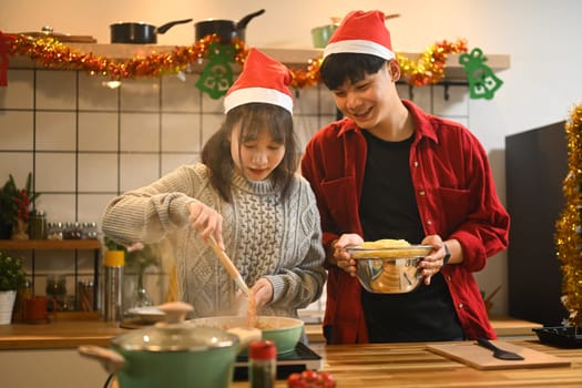 Happy young couple wearing Santa hats cooking special meal on Christmas day.