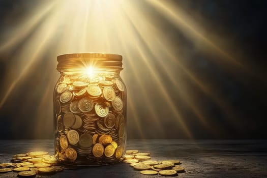 A stunning visual of a jar filled with golden coins, illuminated by radiant light, symbolizing abundance and financial growth in a beautifully composed setting.
