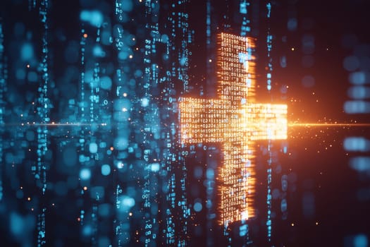 Abstract depiction of a glowing health cross surrounded by flowing binary numbers, symbolizing the intersection of technology and healthcare advancements in a digital landscape.