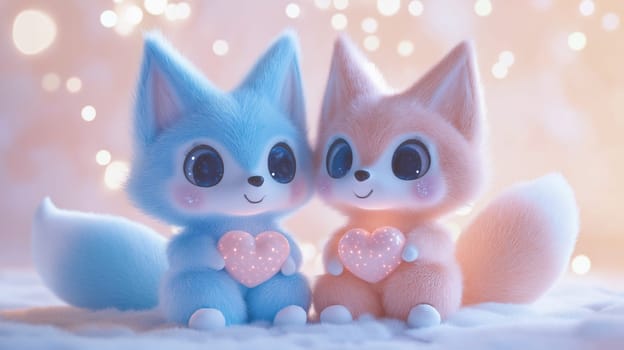 Two charming 3d foxes sit side by side, each holding a glowing heart. the soft, pastel colors and whimsical design create a magical scene, perfect for fantasy art enthusiasts or decorative design projects.