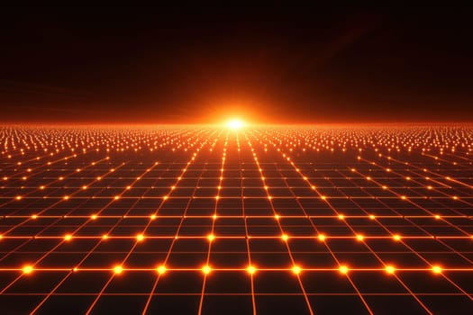 Vivid abstract digital landscape featuring a glowing grid pattern and a radiant sunrise, creating a mesmerizing scene of technology and vast possibilities.