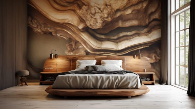 Bedroom interior. Shade of the bedroom wall with the illusion of solid wood. Solving the environmental problem of deforestation. Replacement of natural building materials with alternative ones.