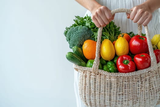 A woven basket filled with an array of fresh vegetables and fruits, showcasing vibrant colors. Perfect for promoting healthy eating, cooking, and sustainable living.