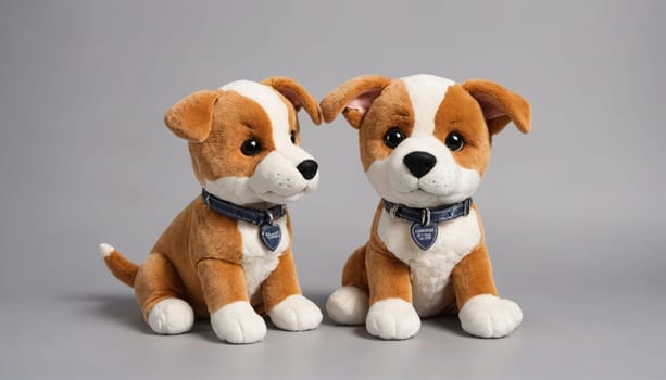 Two plush dog toys, brown and white with black collars, sit on a gray surface.