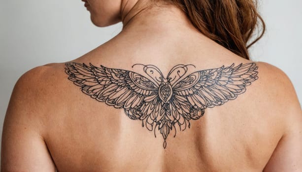 A close-up shot of a woman's back with a large, elaborate butterfly tattoo. The tattoo is black and white, with intricate lines and swirls.