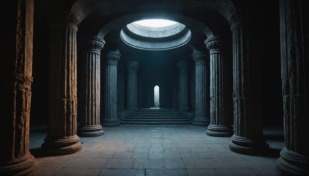 The image shows a large, stone chamber with a high ceiling. There are many columns lining the walls, and a circular opening in the ceiling lets in a small amount of light.