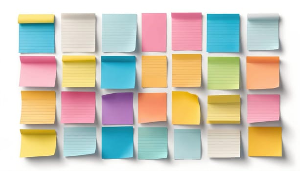 A variety of colorful sticky notes are arranged in a grid pattern on a white background. The notes are all in a square shape and have lines on them.
