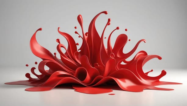 A vibrant, red paint splash frozen in mid-air creates a dynamic and abstract shape reminiscent of a flower. The splash is set against a stark white background, allowing the bold color to stand out.