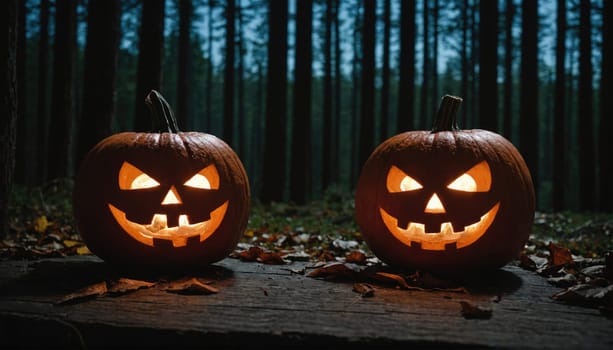 Two carved pumpkins with lit candles inside are placed on a wooden path in a dark forest. The pumpkins are facing each other, and there are leaves scattered around them.